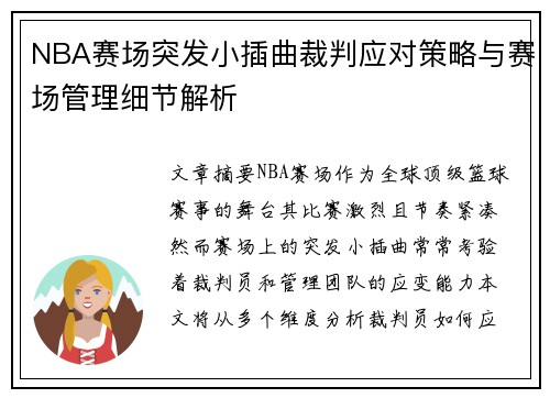 NBA赛场突发小插曲裁判应对策略与赛场管理细节解析