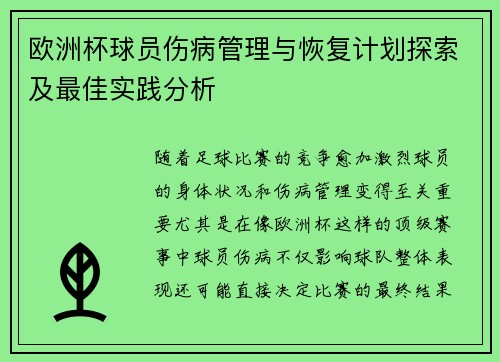 欧洲杯球员伤病管理与恢复计划探索及最佳实践分析 欧洲杯球员伤病管理与恢复计划探索及最佳实践分析