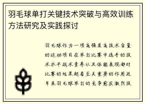 羽毛球单打关键技术突破与高效训练方法研究及实践探讨