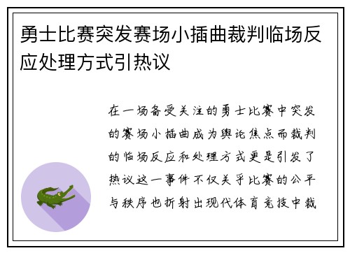 勇士比赛突发赛场小插曲裁判临场反应处理方式引热议